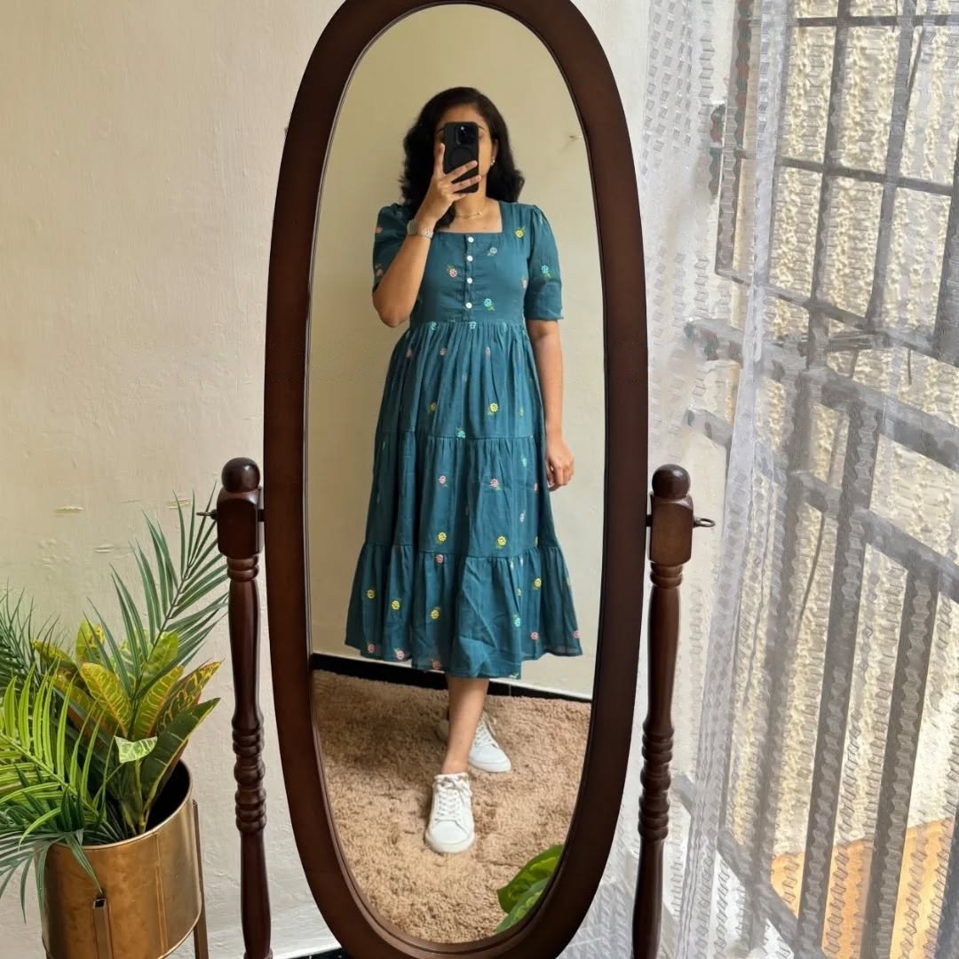 Women's Floral Embroidered Cotton Tiered Midi Dress - Image 7