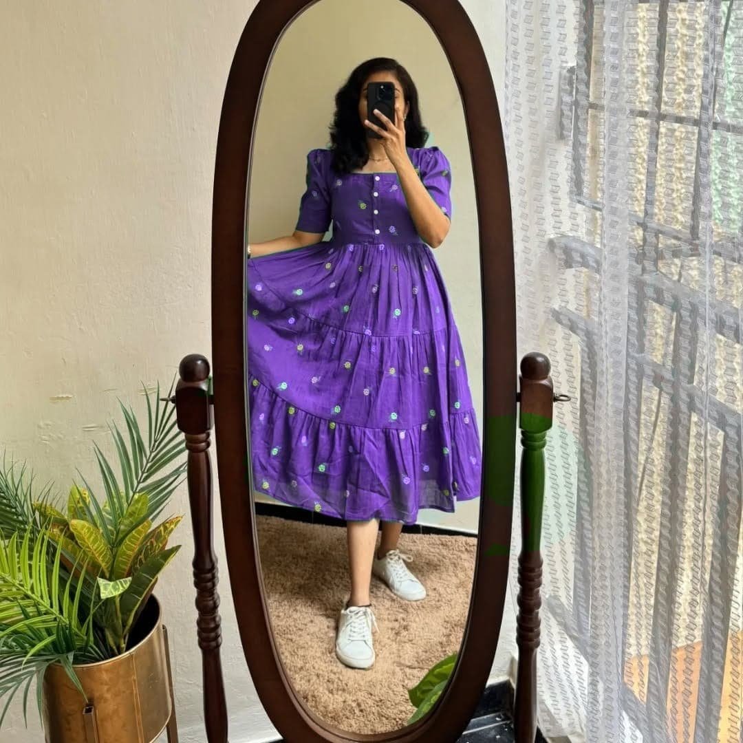 Women's Floral Embroidered Cotton Tiered Midi Dress - Image 4
