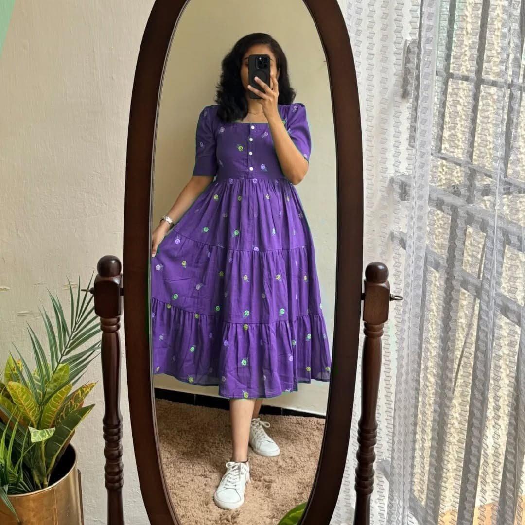 Women's Floral Embroidered Cotton Tiered Midi Dress - Image 3