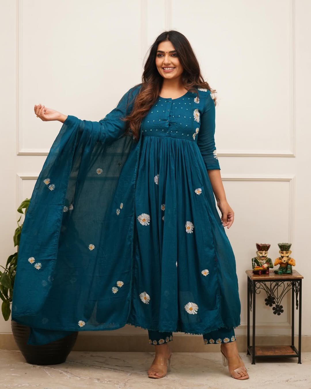 Women's Premium Cotton Anarkali Kurta Set with Daisy Embroidery and Pintuck Yoke - Image 12