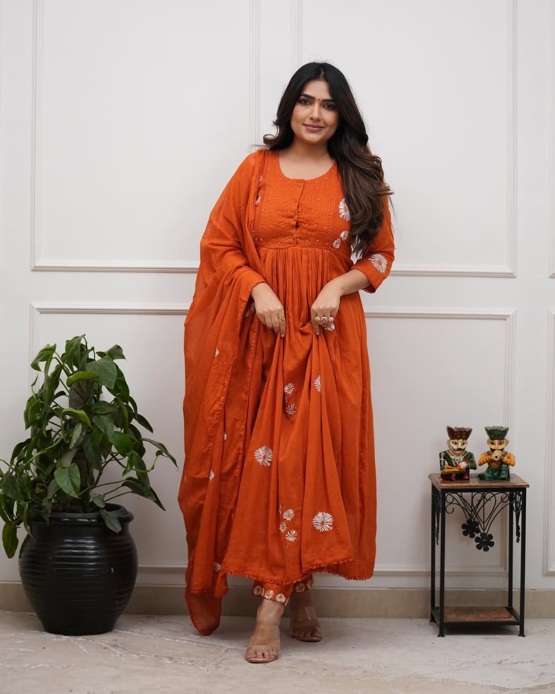 Women's Premium Cotton Anarkali Kurta Set with Daisy Embroidery and Pintuck Yoke - Image 2