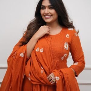 Women's Premium Cotton Anarkali Kurta Set with Daisy Embroidery and Pintuck Yoke