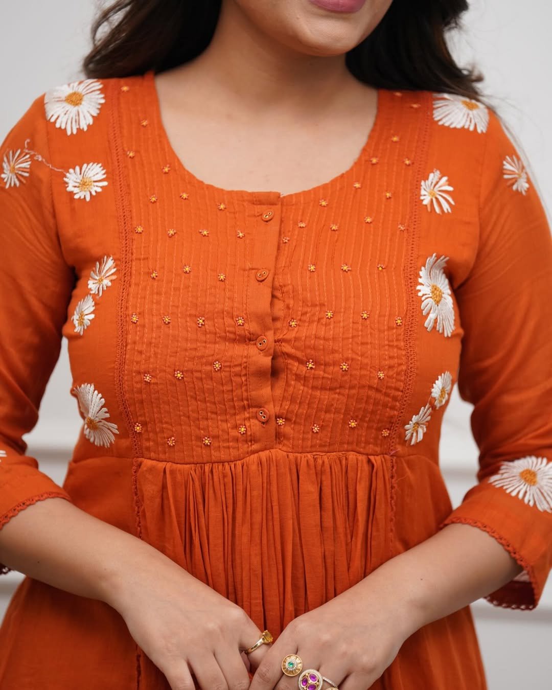 Women's Premium Cotton Anarkali Kurta Set with Daisy Embroidery and Pintuck Yoke - Image 4