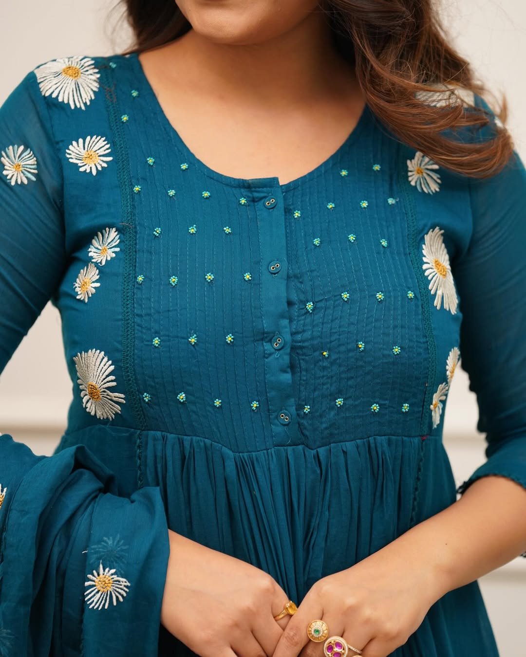 Women's Premium Cotton Anarkali Kurta Set with Daisy Embroidery and Pintuck Yoke - Image 9