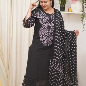 Women's Pure Cotton Bandhani Print Kurta Set with Cowrie Shell Tassels & Dupatta