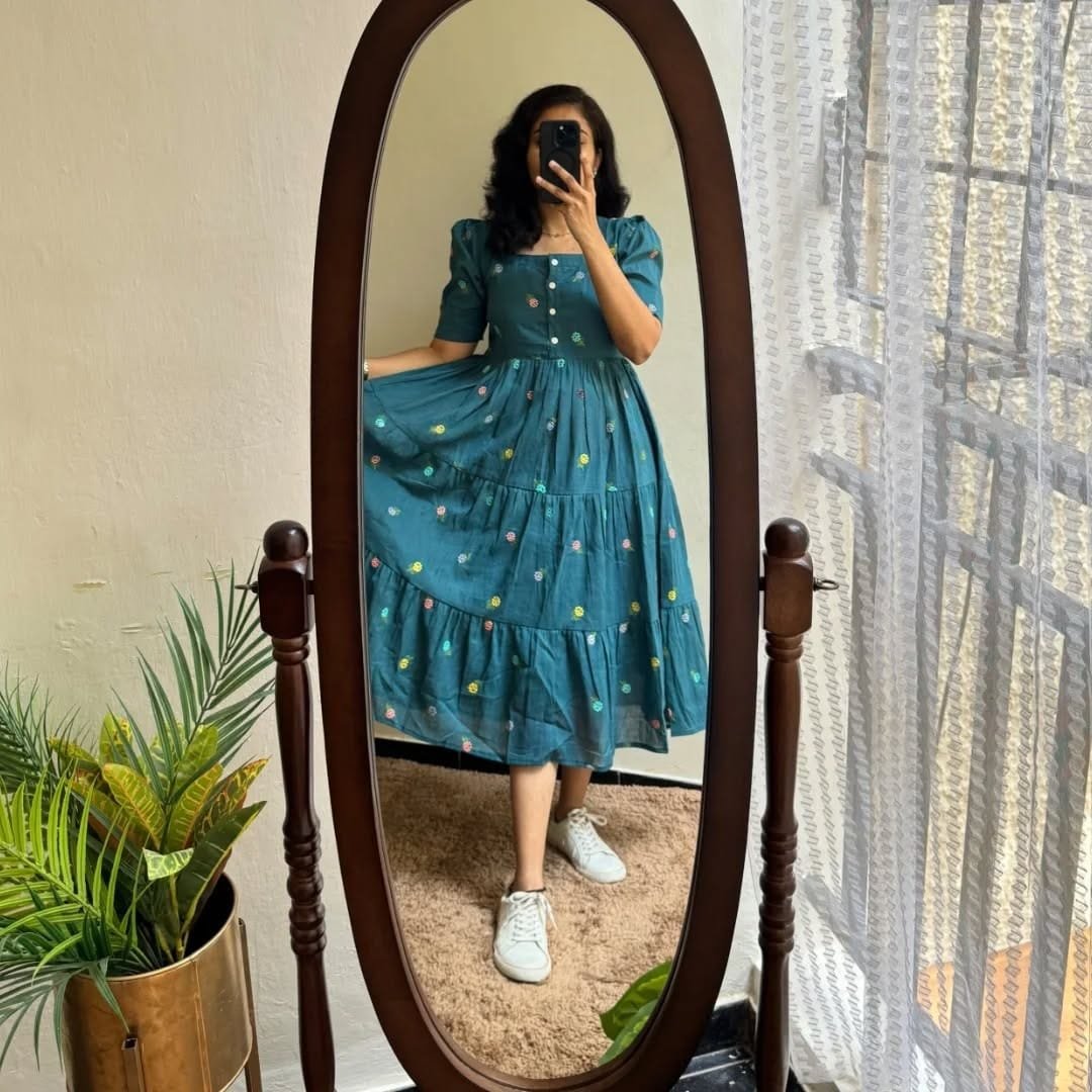 Women's Floral Embroidered Cotton Tiered Midi Dress - Image 6